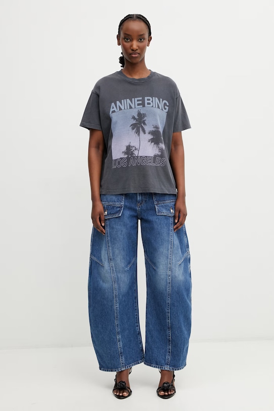 Anine Bing CADE TEE PALMS - WASHED GREY T-shirt bawełniany damski A.08.12162.WBL1 szary