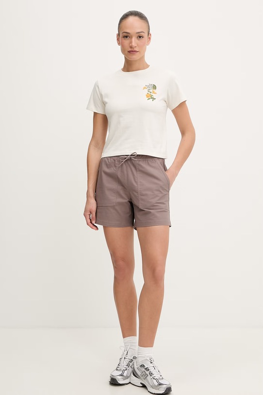 The North Face t-shirt damski bawełniany FLORA EMBRO NF0A8G9QQLI1 beżowy SS26