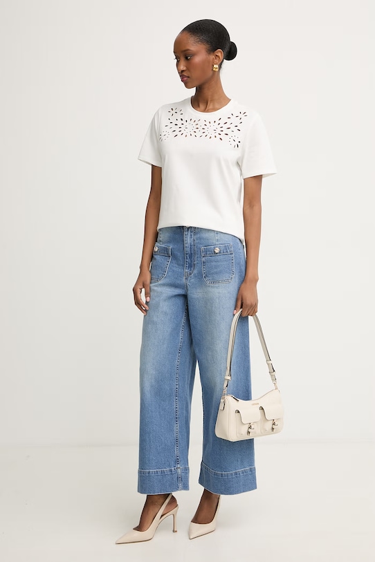 Morgan T-shirt damski bawełniany z elastanem DICLA beżowy SS26