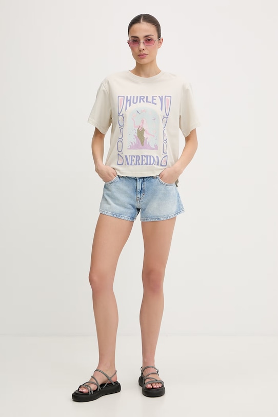 Hurley t-shirt damski bawełniany WTSEU00038 beżowy SS26