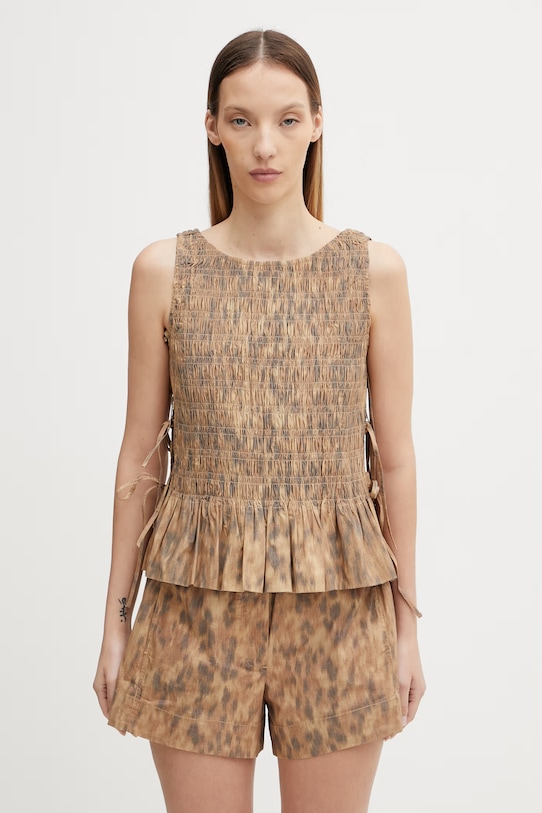 GANNI bluzka z falbanką damska bawełniana z elastanem w panterkę brązowy A1040271