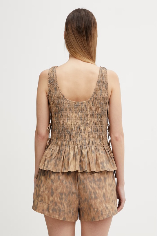 Odzież GANNI bluzka z falbanką damska bawełniana z elastanem w panterkę A1040271 brązowy