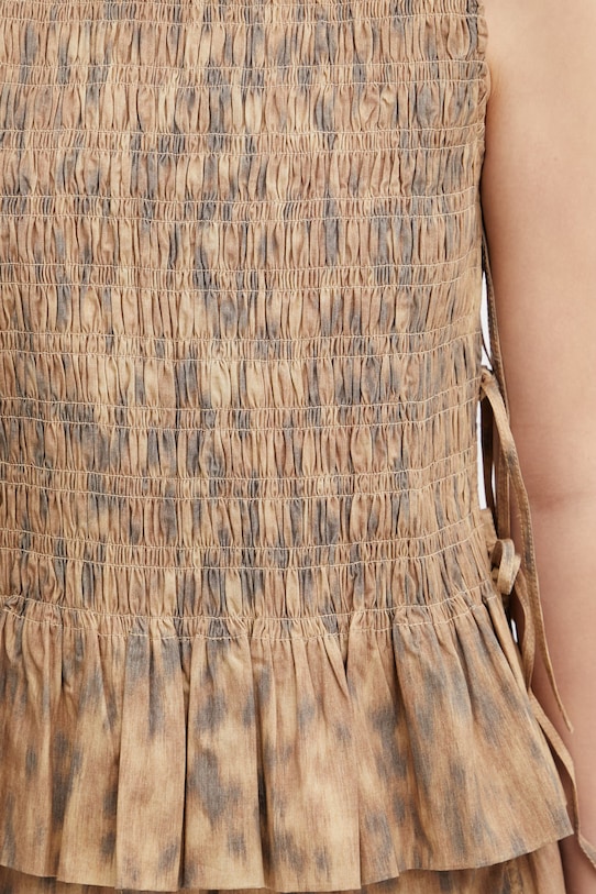 GANNI bluzka z falbanką damska bawełniana z elastanem w panterkę brązowy A1040271