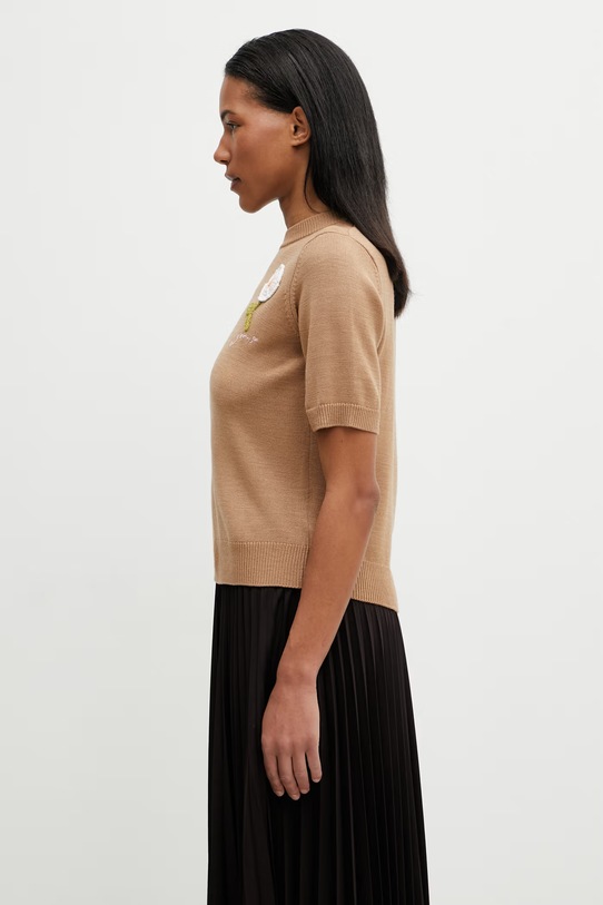 GANNI sweter z krótkim rękawem damski z wełną A1070268 brązowy SS26