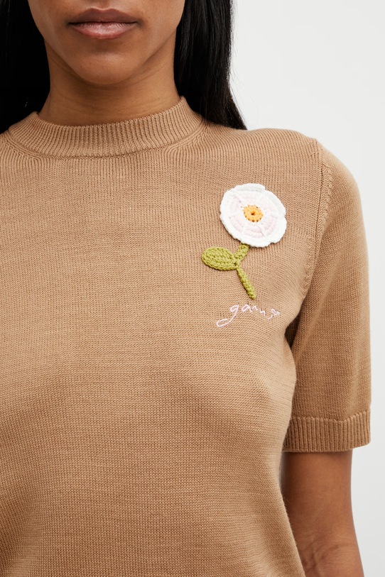 GANNI sweter z krótkim rękawem damski z wełną brązowy A1070268