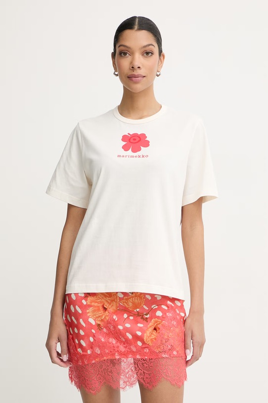 Marimekko T-shirt damski bawełniany beżowy 095471