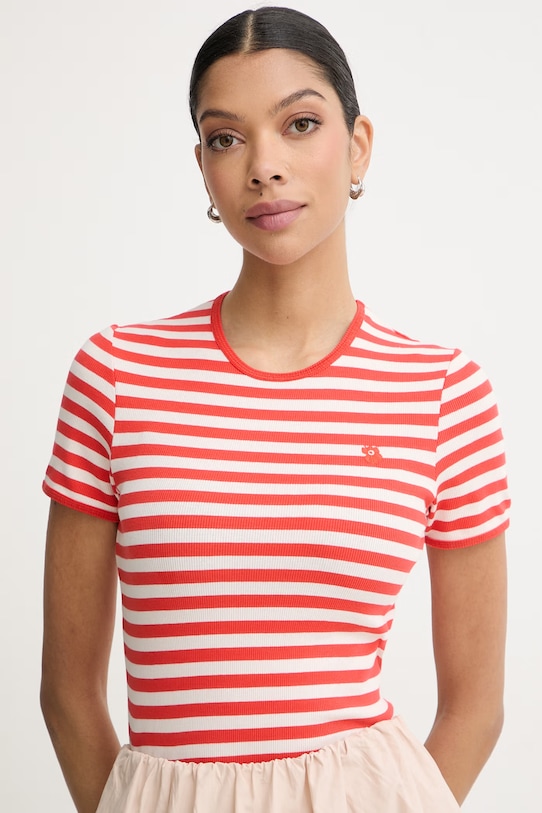 Marimekko T-shirt damski bawełniany z elastanem czerwony 095484