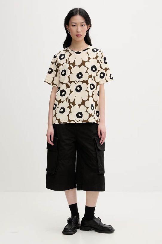 Marimekko T-shirt damski bawełniany 095505 beżowy SS26