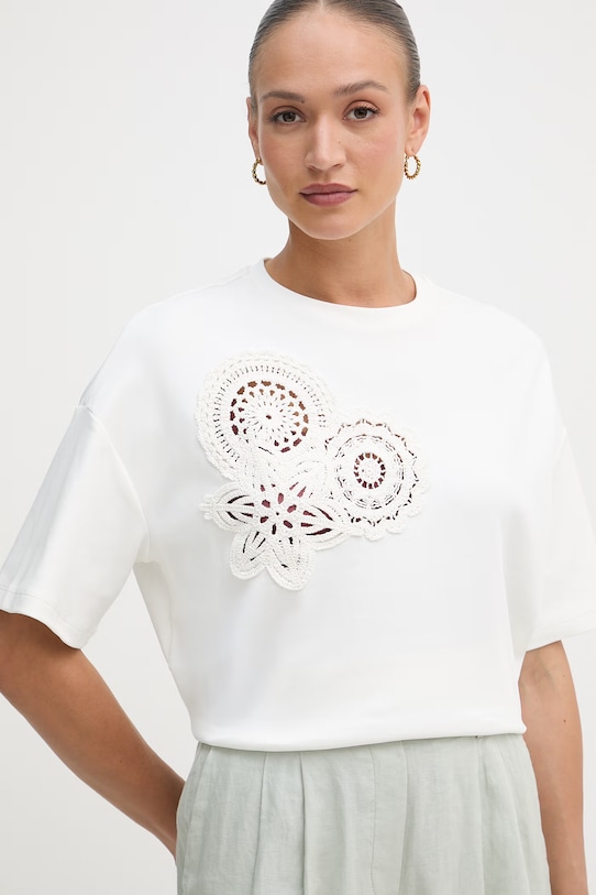 Sisley T-shirt damski bawełniany z elastanem beżowy 3FOLL108Z