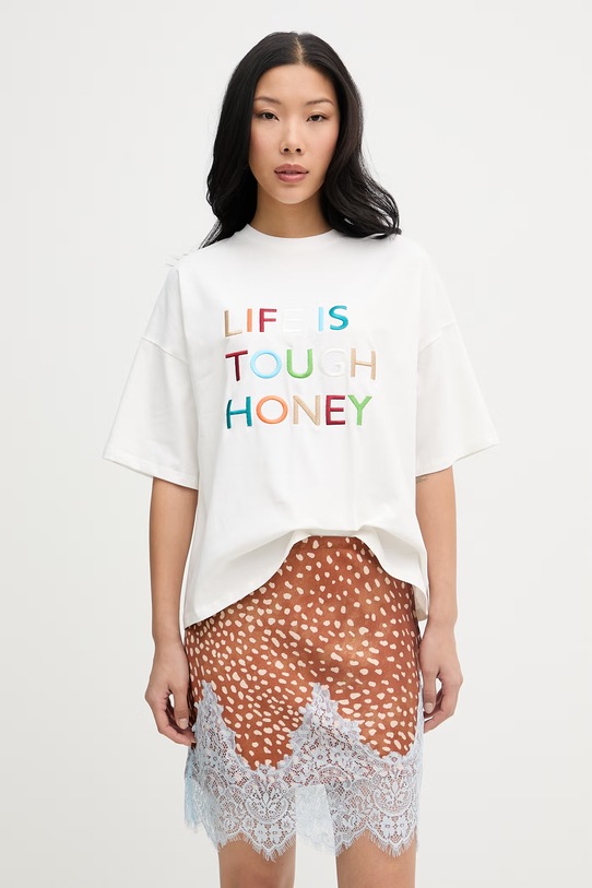 Never Fully Dressed tricou oversized pentru femei, din bumbac cu elastan alb NFDTO2030