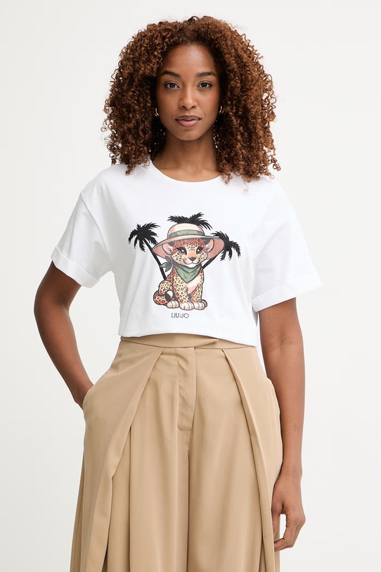 Liu Jo T-shirt damski bawełniany z elastanem biały VA6170.JS003