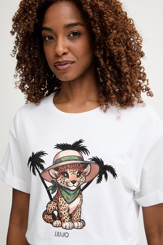 Liu Jo T-shirt damski bawełniany z elastanem biały VA6170.JS003