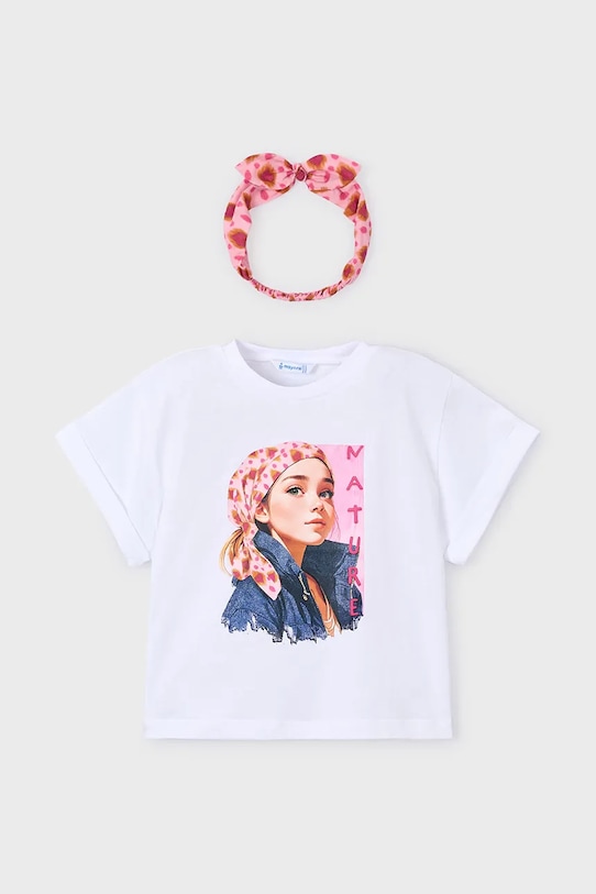 Παιδικό βαμβακερό μπλουζάκι Mayoral στάμπα λευκό 3010.6G.Mini.PPY2