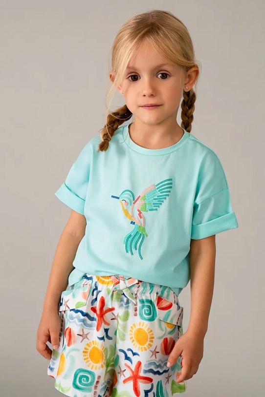 Mayoral t-shirt bawełniany dziecięcy nadruk turkusowy 3016.6K.Mini.PPY2