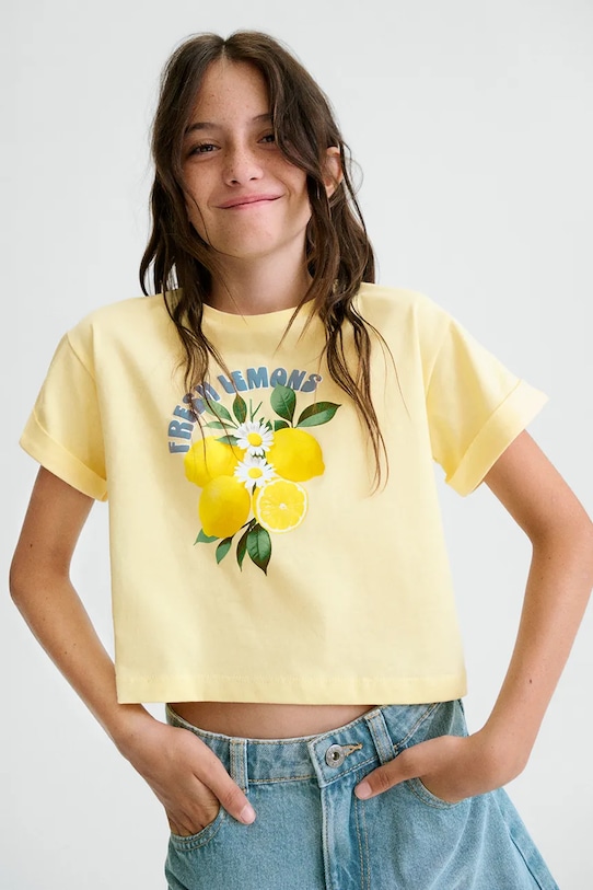 Mayoral t-shirt bawełniany dziecięcy nadruk żółty 6009.8F.Junior.PPY2