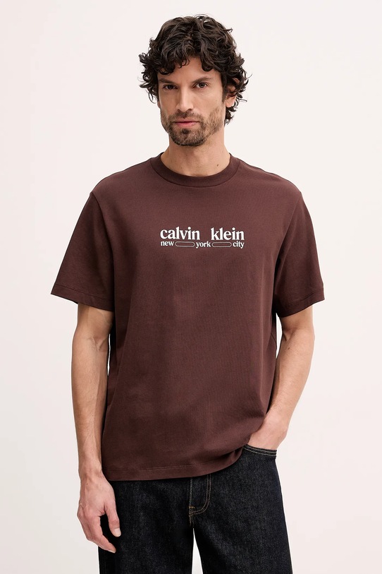 Calvin Klein Jeans t-shirt bawełniany nadruk brązowy LV14RE831G