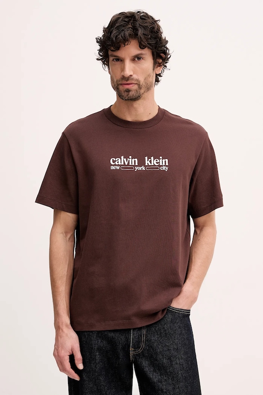Calvin Klein Jeans t-shirt bawełniany nadruk brązowy LV14RE831G