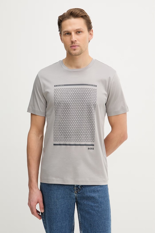 BOSS Green t-shirt bawełniany TS_Tour Print nadruk szary 50554333