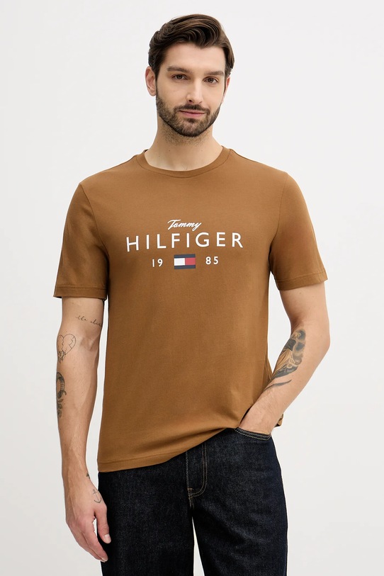 Tommy Hilfiger t-shirt bawełniany nadruk brązowy MW0MW41455