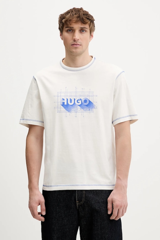 Hugo Blue t-shirt bawełniany Nothal nadruk beżowy 50553498