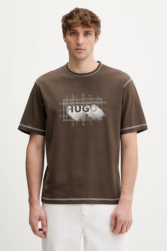 Hugo Blue t-shirt bawełniany Nothal nadruk brązowy 50553498