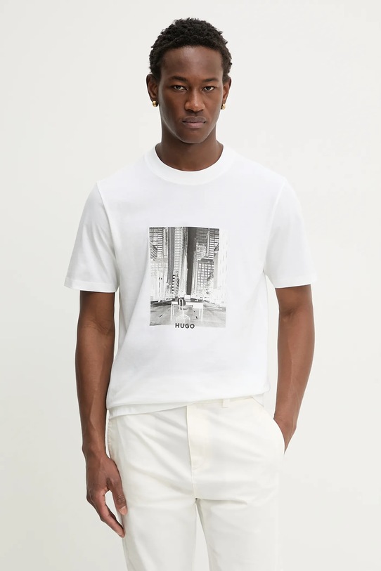 HUGO t-shirt bawełniany Deyss nadruk beżowy 50553755