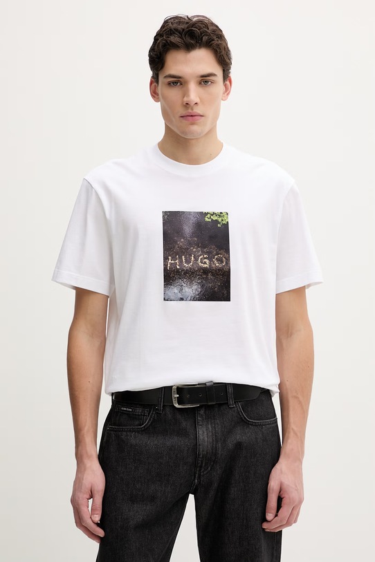 HUGO t-shirt bawełniany Doreston nadruk biały 50554319
