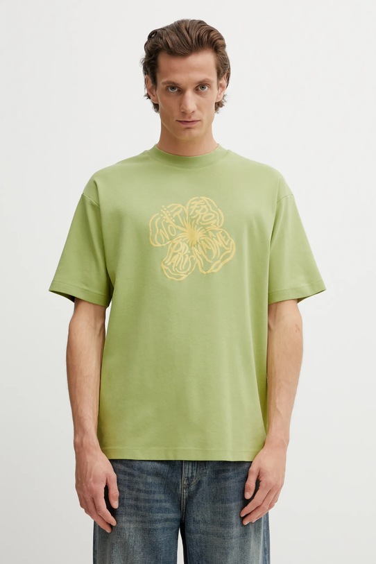 Bavlněné tričko Drôle de Monsieur Slogan Hibiscus relaxed zelená J.TS292.CO002.LOL