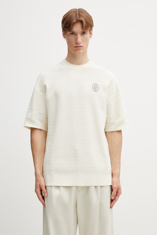 Drôle de Monsieur Maille Ajourée D Miroir tricou tricotat din bumbac pentru bărbați bej K.PO202.CO292.OW