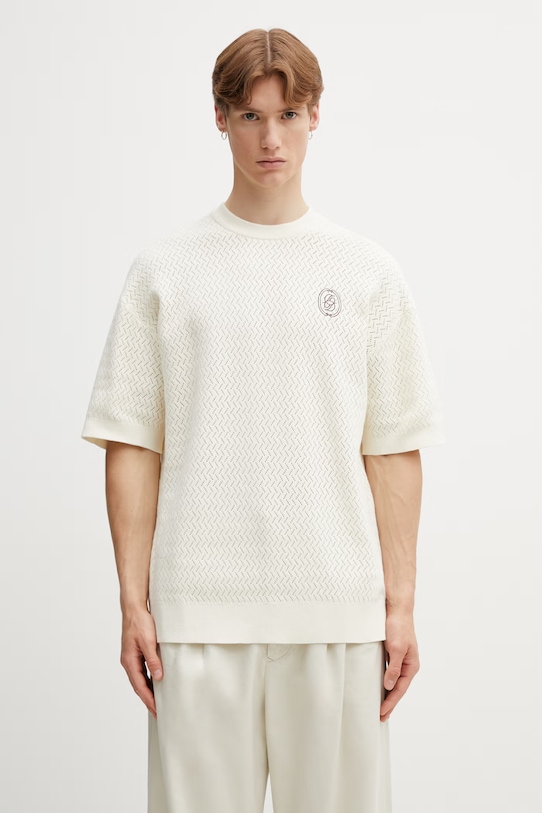 Drôle de Monsieur Maille Ajourée D Miroir tricou tricotat din bumbac pentru bărbați bej K.PO202.CO292.OW