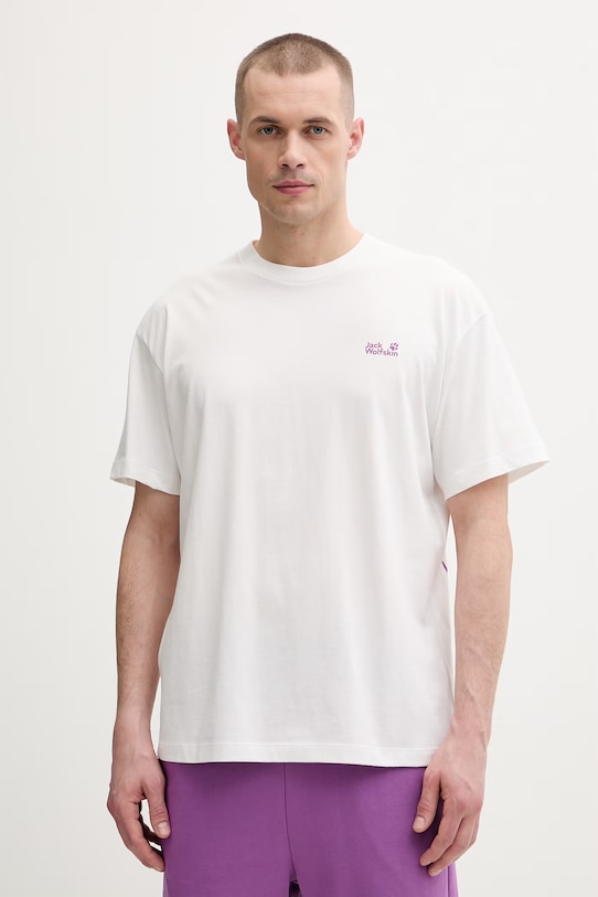 Odzież Jack Wolfskin t-shirt treningowy męski bawełniany Celebrate The Paw A65912 biały