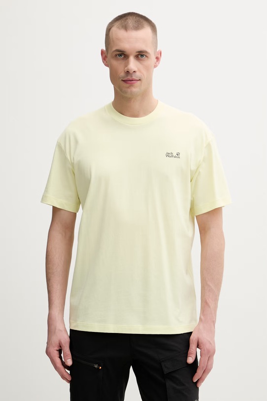 Odzież Jack Wolfskin t-shirt treningowy męski bawełniany Celebrate The Paw A65912 żółty
