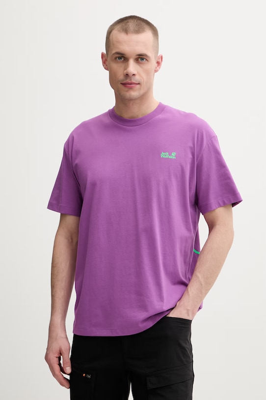 Odzież Jack Wolfskin t-shirt treningowy męski bawełniany Celebrate The Paw A65912 fioletowy