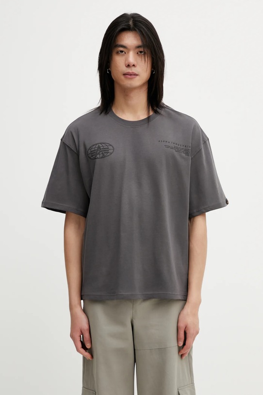 Alpha Industries t-shirt bawełniany World Logo Backprint nadruk szary 258514