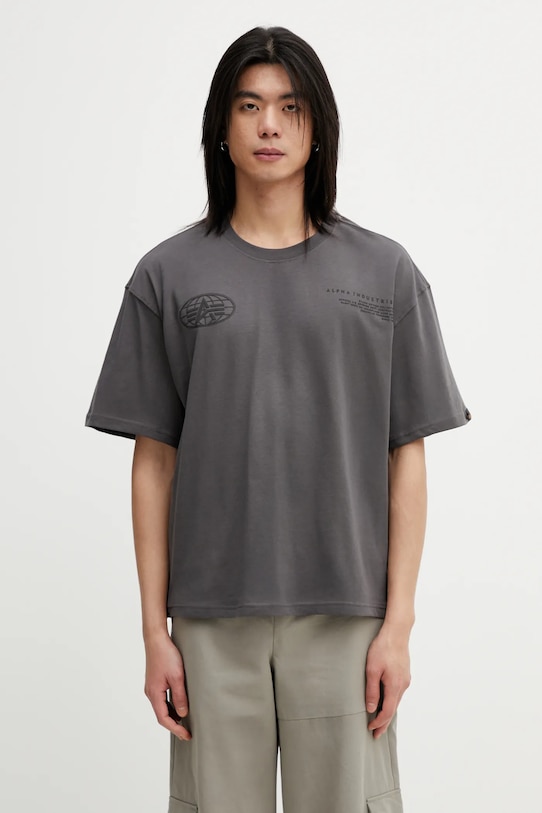 Alpha Industries t-shirt bawełniany World Logo Backprint nadruk szary 258514