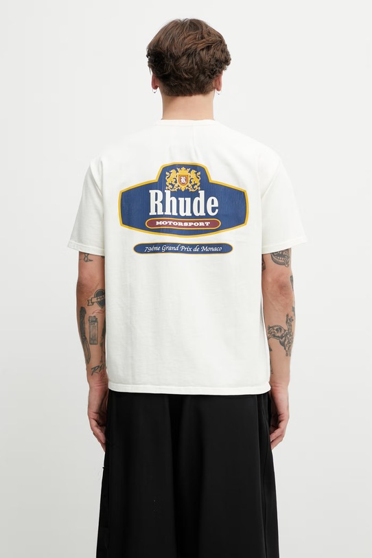 Odzież RHUDE Racing Crest T-shirt męski bawełniany RHSS26TT04012 beżowy