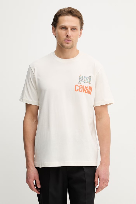 Just Cavalli t-shirt bawełniany nadruk beżowy 80OAHT14.CJ500