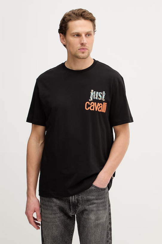 Just Cavalli t-shirt bawełniany nadruk czarny 80OAHT14.CJ500