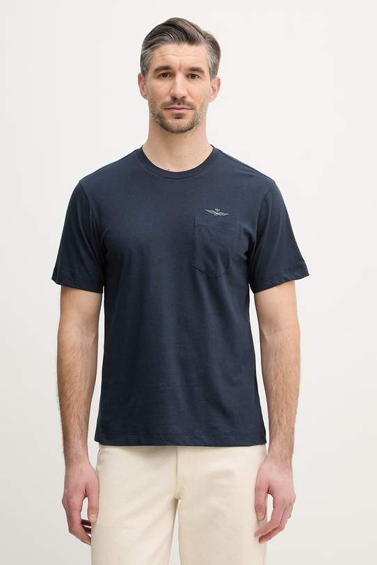 Aeronautica Militare t-shirt z dodatkiem lnu regular granatowy TS2510UJ00720