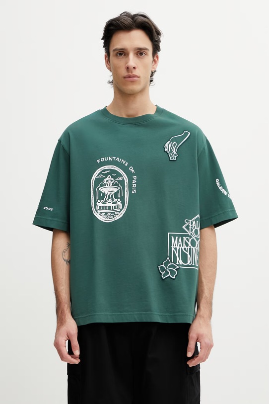 Maison Kitsuné Art Nouveau Stamps t-shirt oversize bawełniany męski zielony QM00107KJ0119