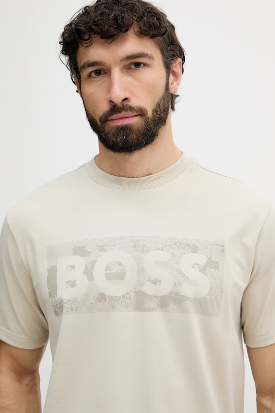 BOSS Green T-shirt męski z bawełną beżowy 50559363