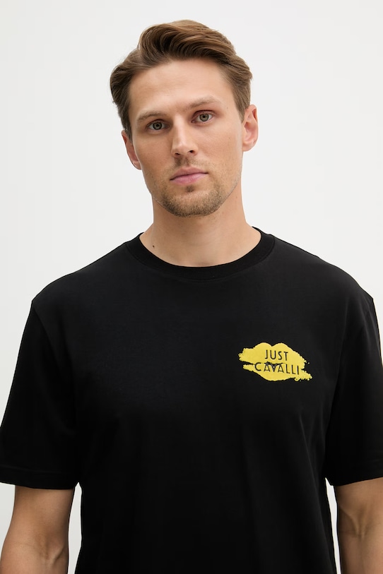 Памучна тениска Just Cavalli черен 80OAHT17.CJ500