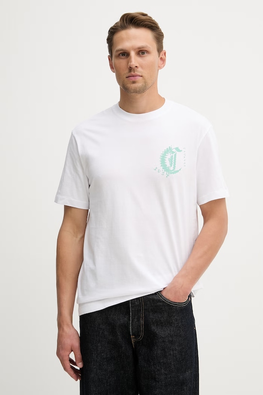 Памучна тениска Just Cavalli стандартна бял 80OAHT26.CJ500