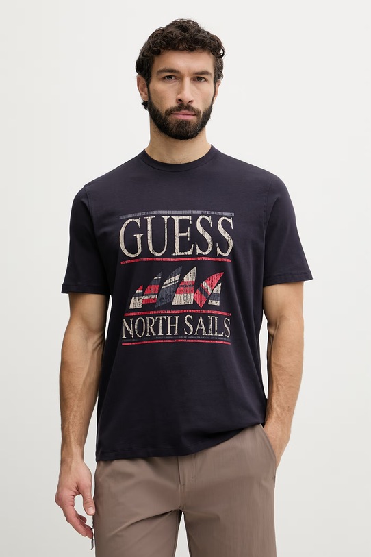 Guess t-shirt męski bawełniany z elastanem x North Sails granatowy M6GI46.K3495
