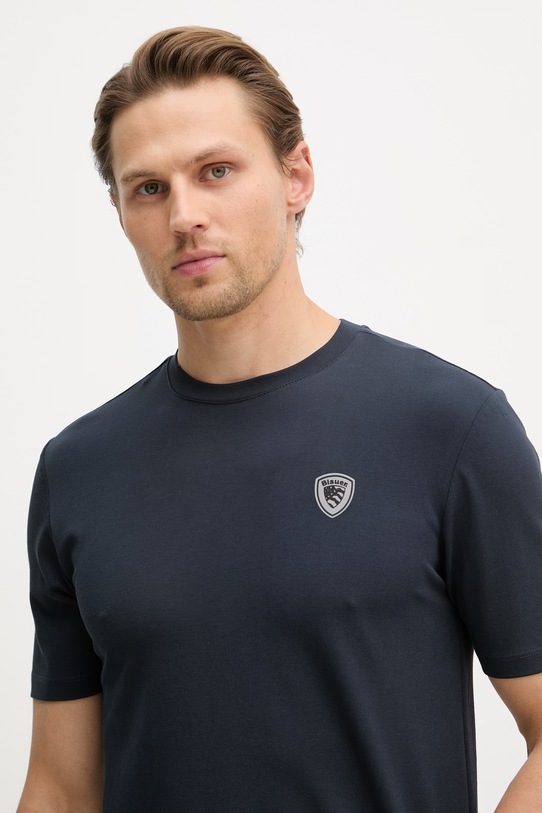 Blauer t-shirt basic męski z bawełną JAN granatowy BLUH02065