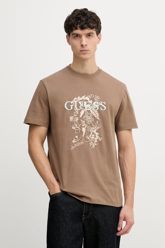 Guess t-shirt męski bawełniany brązowy M6GI17.K3038