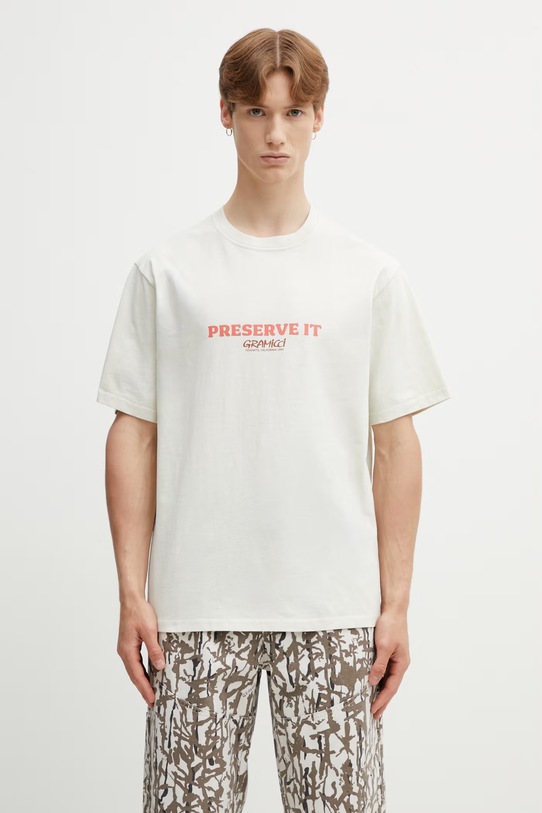 Odzież Gramicci FOOTPRINTS TEE PIGMENT DYED t-shirt basic bawełniany męski G6SU.T119. beżowy