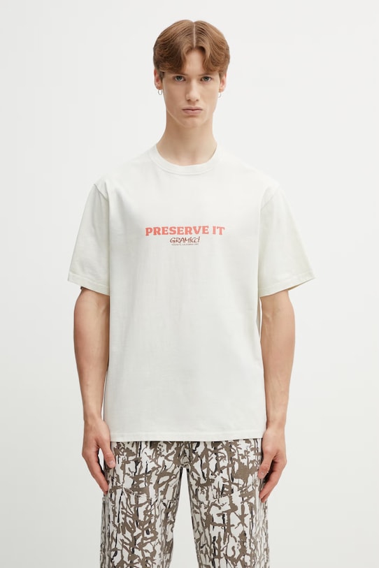 Odzież Gramicci FOOTPRINTS TEE PIGMENT DYED t-shirt basic bawełniany męski G6SU.T119. beżowy