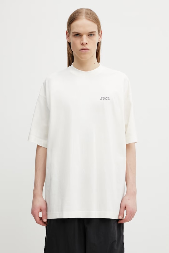VETEMENTS t-shirt bawełniany FU nadruk beżowy ME76TR188V