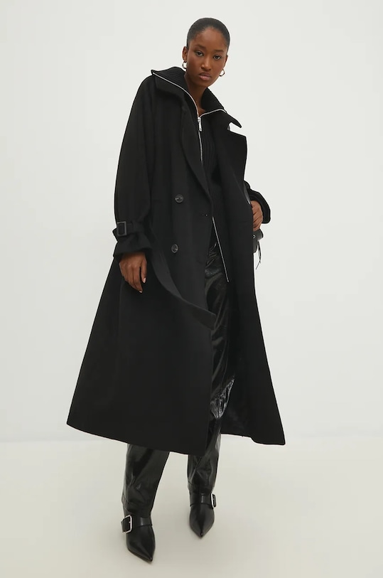 Vlněný kabát Answear.LAB nezateplené černá WA24.KPD011
